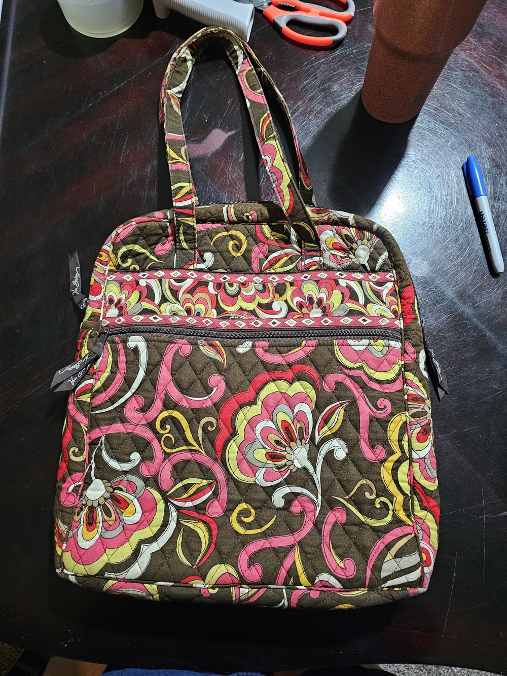 Vera Bradley Quilted Floral Tote Bag in Brown and Pink